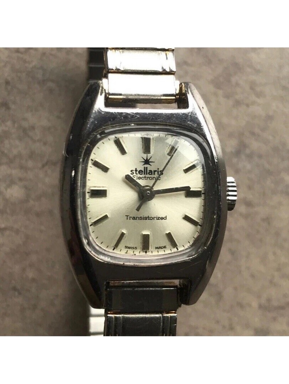 Stellaris Gold Tone Electronic Transistorized Womens Watch Metal Swiss Made Vtg